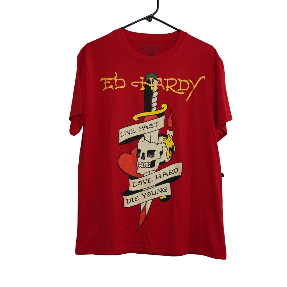 Ed Hardy Men's Size Medium Live Fast Love Hard Die Young Graphic T-Shirt Red NEW